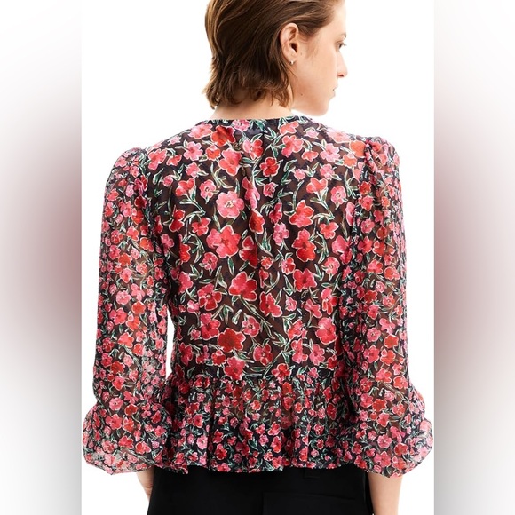 Desigual Hamburgo Floral Chiffon Top | Smocked Waist | M - Picture 2 of 14